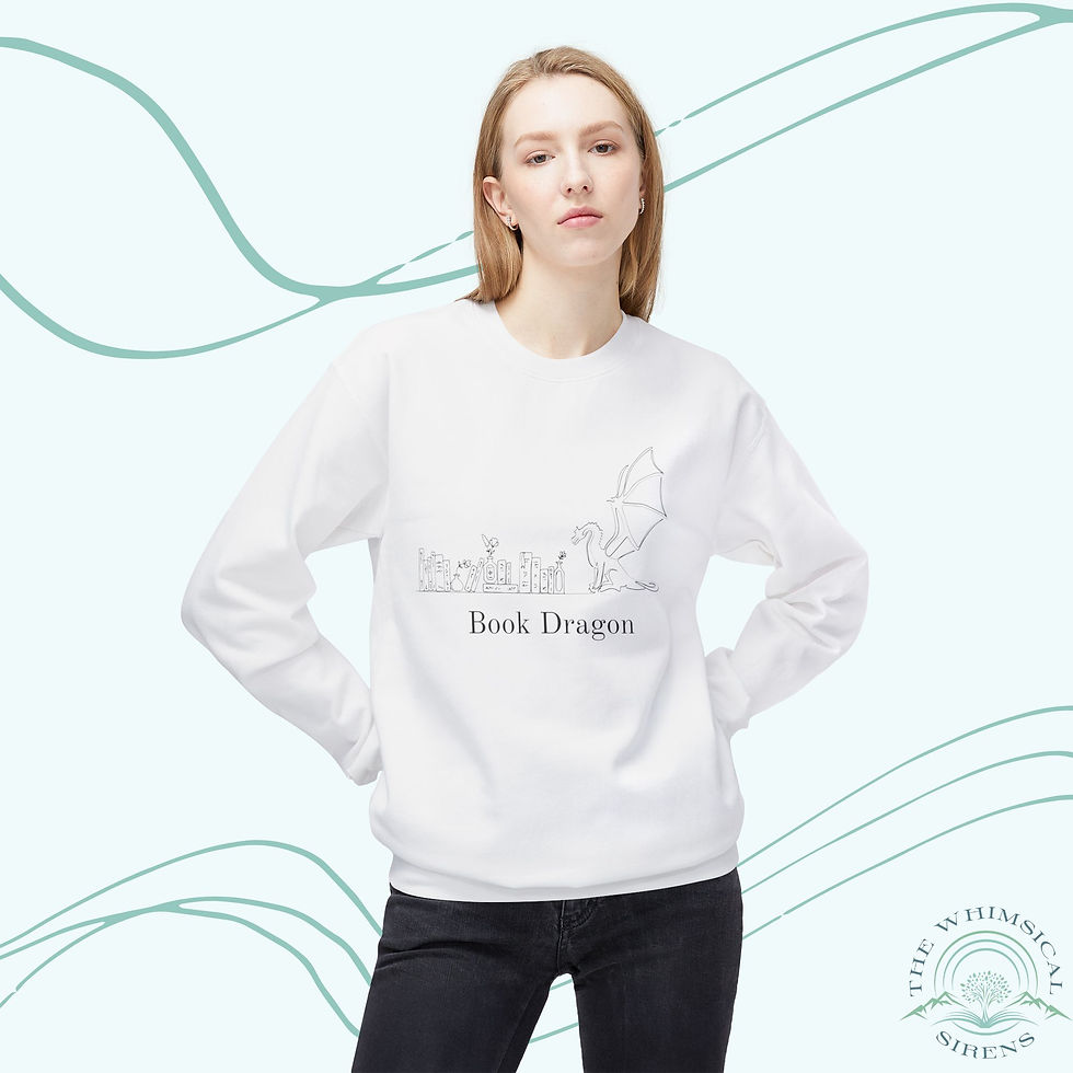 Thumbnail: Woman wearing a white Book Dragon sweatshirt