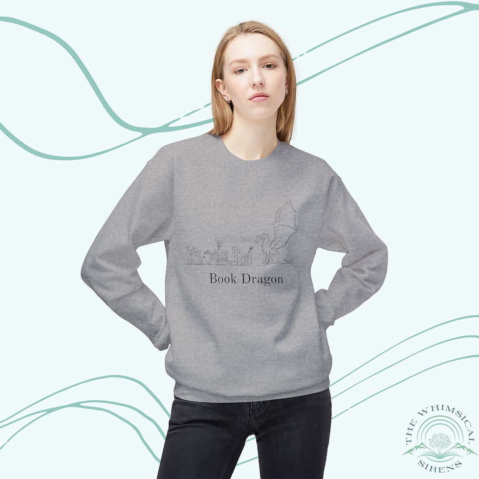 Thumbnail: Woman wearing a grey book dragon sweatshirt