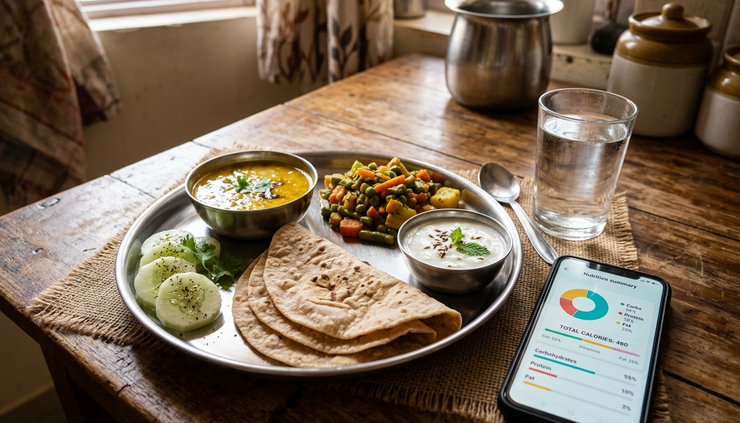 Eye-level view of a balanced Indian lunch plate with vegetables, dal and curd