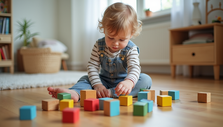 Eye-level view of a toddler playing with colorful building blocks on a wooden floor