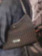 Knitted, crocheted handbag in Cappuccino Gloss, with jewelry-grade chain to use as decor or handle. Featured FORBES brand.