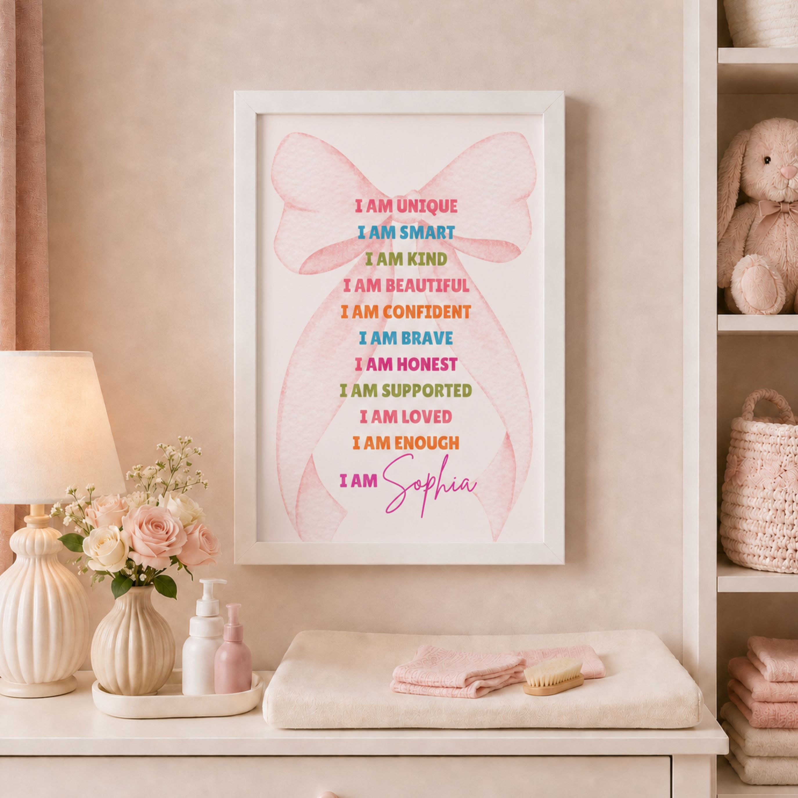 I Am Enough β Pink Bow | Personalised Affirmation Framed Print for Girls