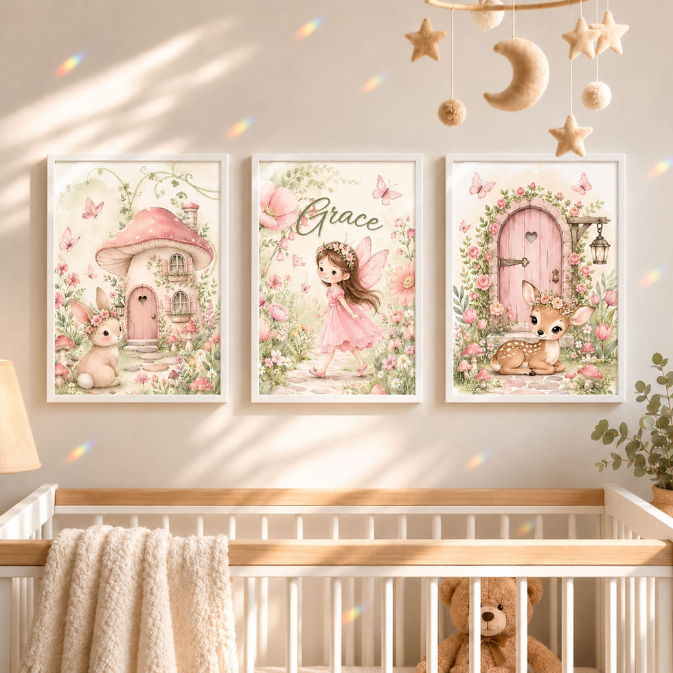 Thumbnail: Fairy Cottage Wishes | Personalised Set of 3 Framed Nursery Wall Art