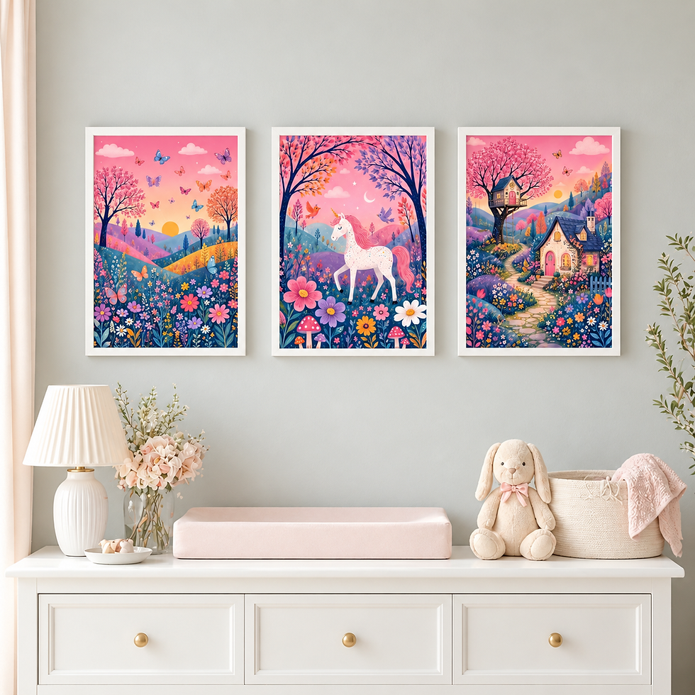 Butterfly meadow, white unicorn and pink-door cottage artwork in three white frames