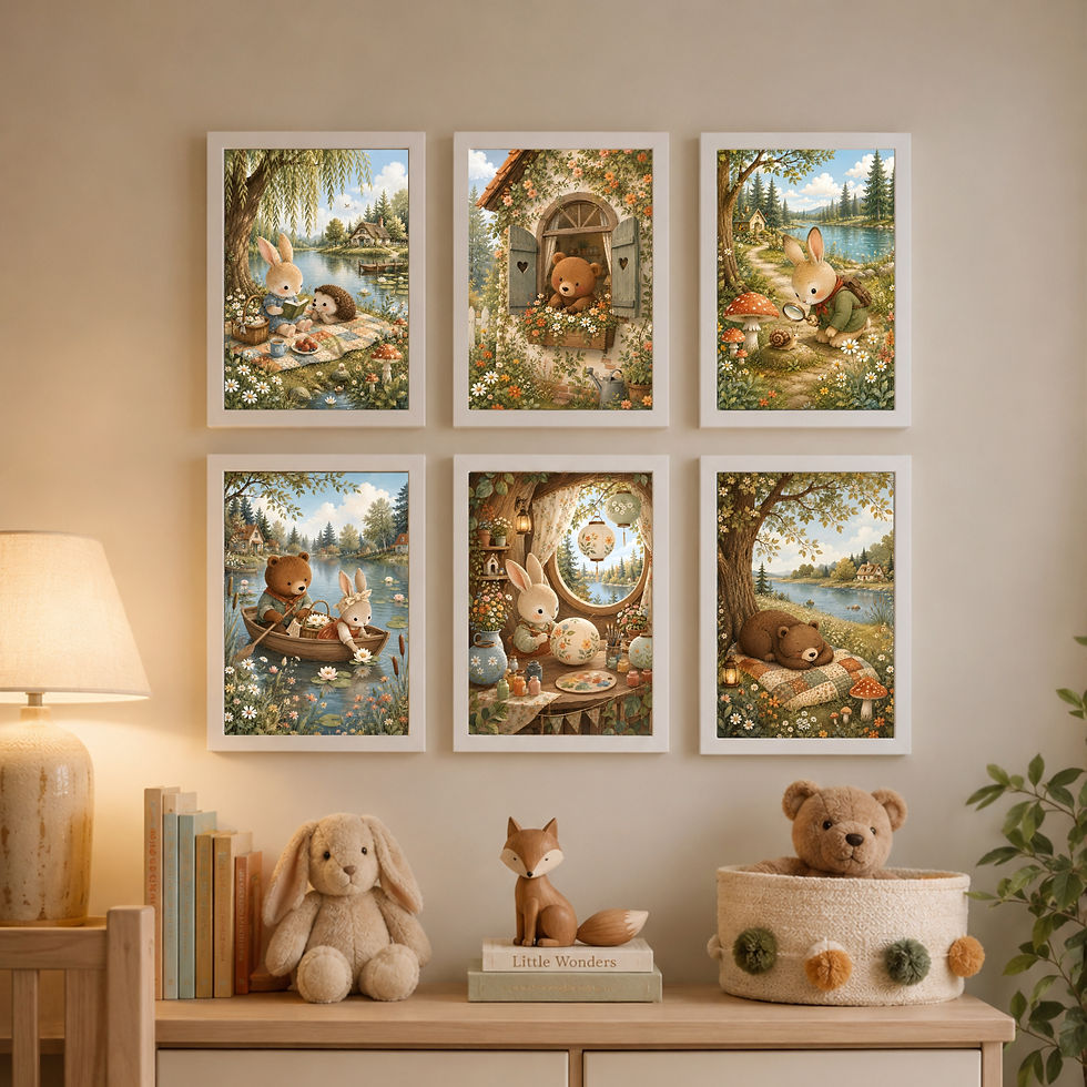 Thumbnail: Bear & Bunny Riverside | Set of 6 Framed Kids Room Wall Art Prints
