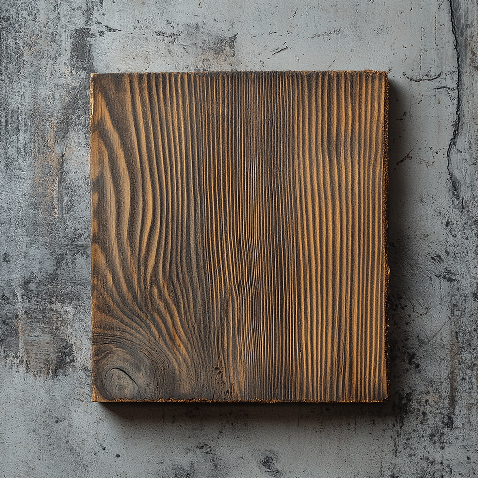 A square piece of wooden board with a rustic, weathered appearance, resting on a grey textured background.