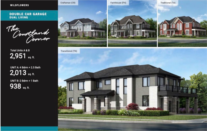 Exterior of The Courtland Corner double-car garage Wildflower homes by Mattamy Homes in Kitchener