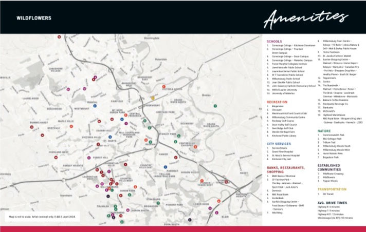 Amenities map for the Wildflowers community in Kitchener, highlighting nearby schools, recreation, city services, shopping, nature areas, and transportation options, with average drive times to key locations