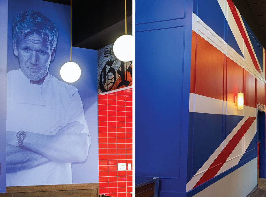 Global restaurant branding and environmental graphics for Gordon Ramsay Fish & Chips location.