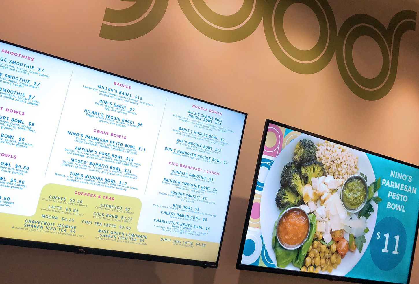 Modern health food café branding and spatial design for Good Eats & Sips restaurant in Skaneateles, NY.