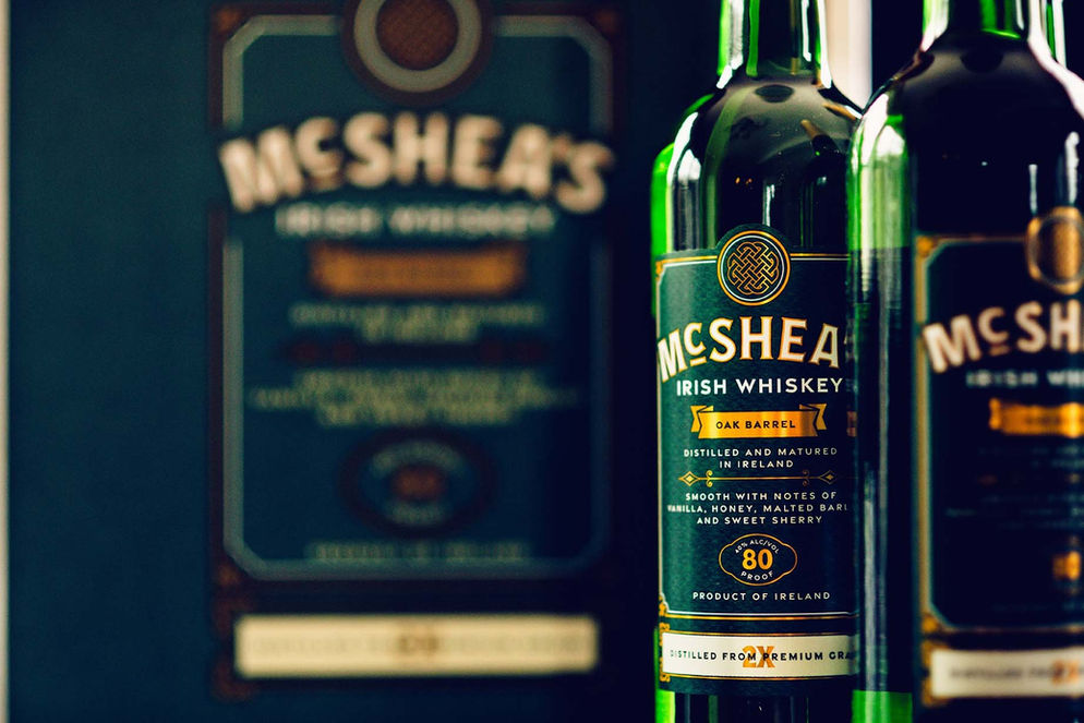 Premium spirits packaging design and brand identity for McShea’s Irish Whiskey and Cream Liqueur.