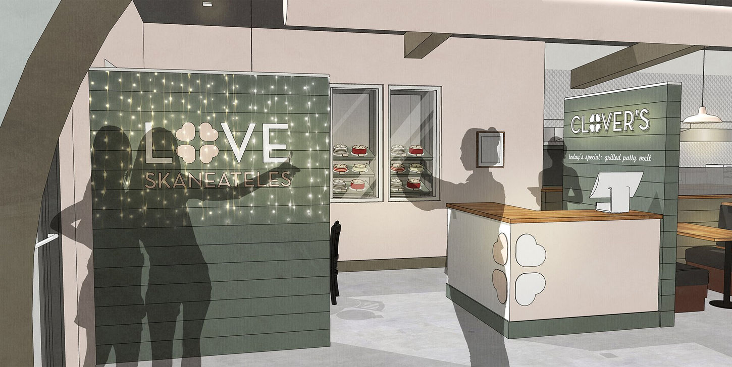 Modern diner spatial and logo design for CLOVER'S in Skaneateles, NY.
