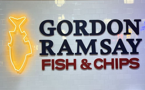 Global restaurant branding and environmental graphics for Gordon Ramsay Fish & Chips location.