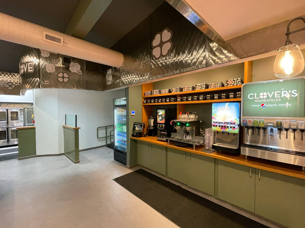 Modern diner spatial and logo design for CLOVER'S in Skaneateles, NY.