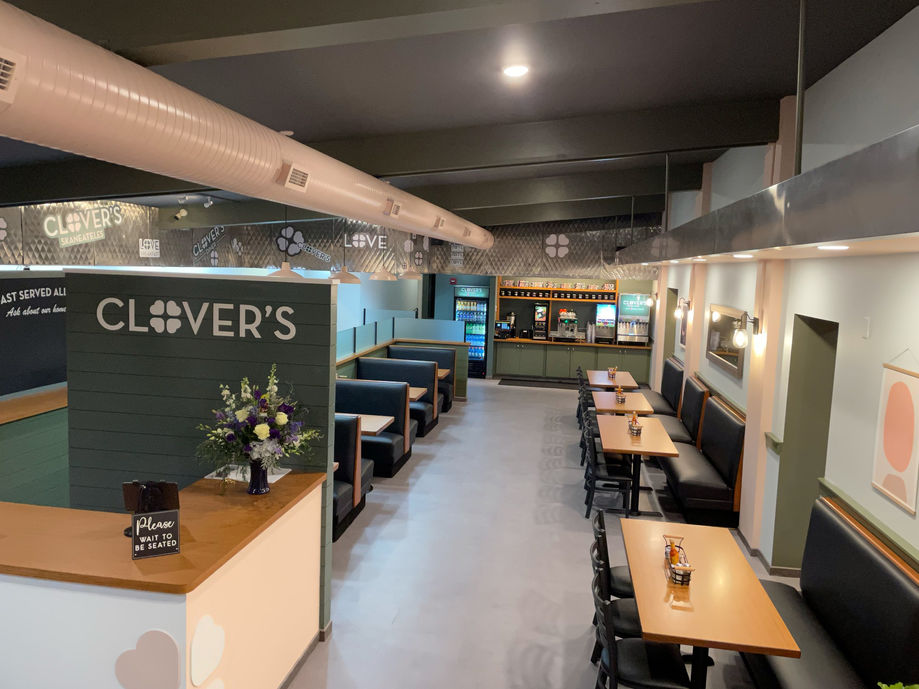 Modern diner spatial and logo design for CLOVER'S in Skaneateles, NY.
