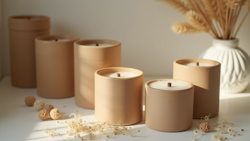 Eye-level view of a neatly arranged collection of artisan candles in eco-friendly packaging