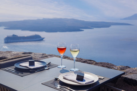 overlooking the caldera in Santorini