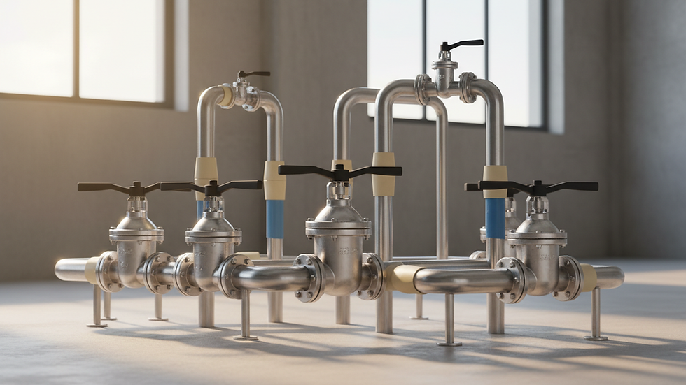 Eye-level view of industrial sanitary valves installed on stainless steel piping