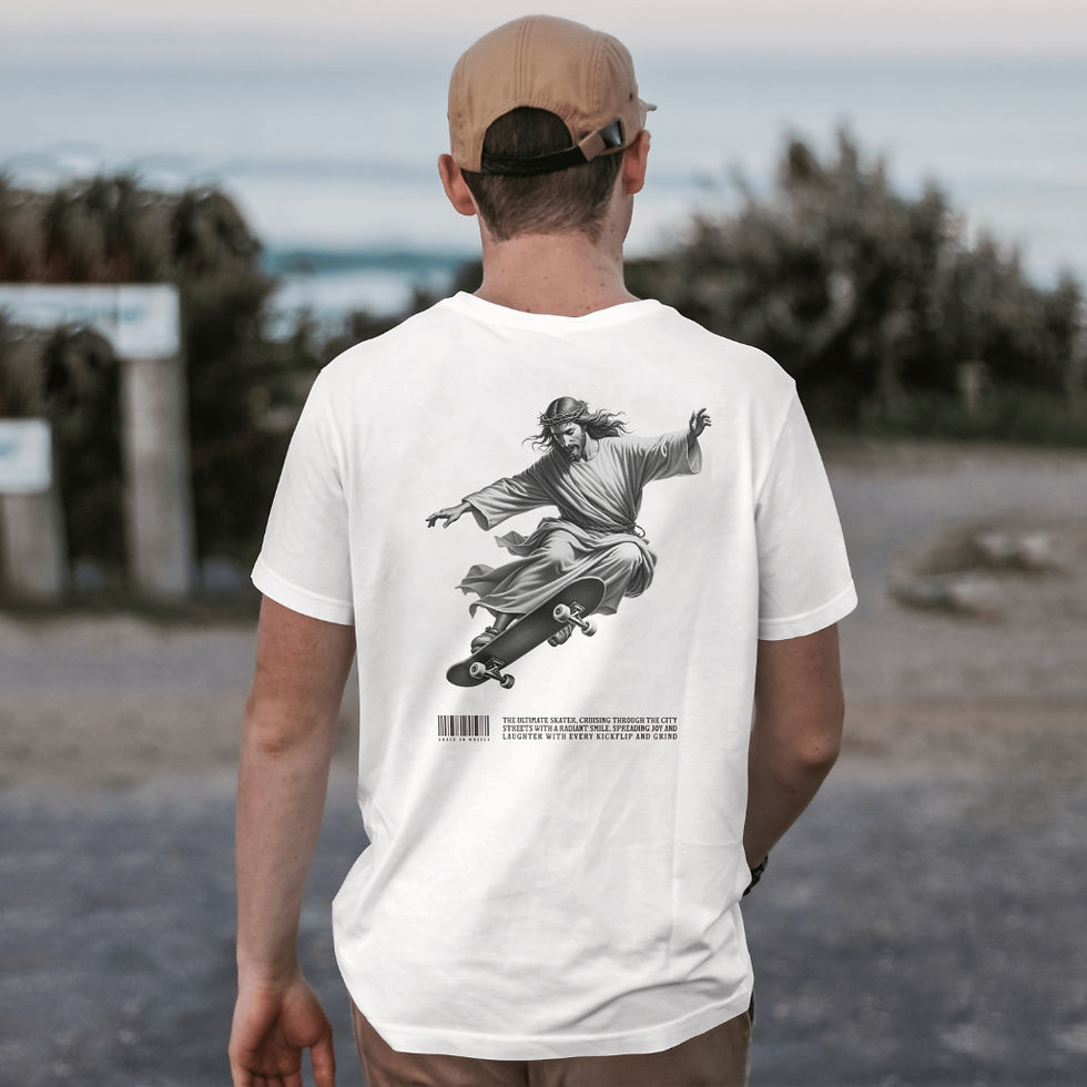 תמונה ממוזערת: Funny Jesus on skateboard T-Shirt Unisex Short Sleeve Crew Neck Cotton Jersey 