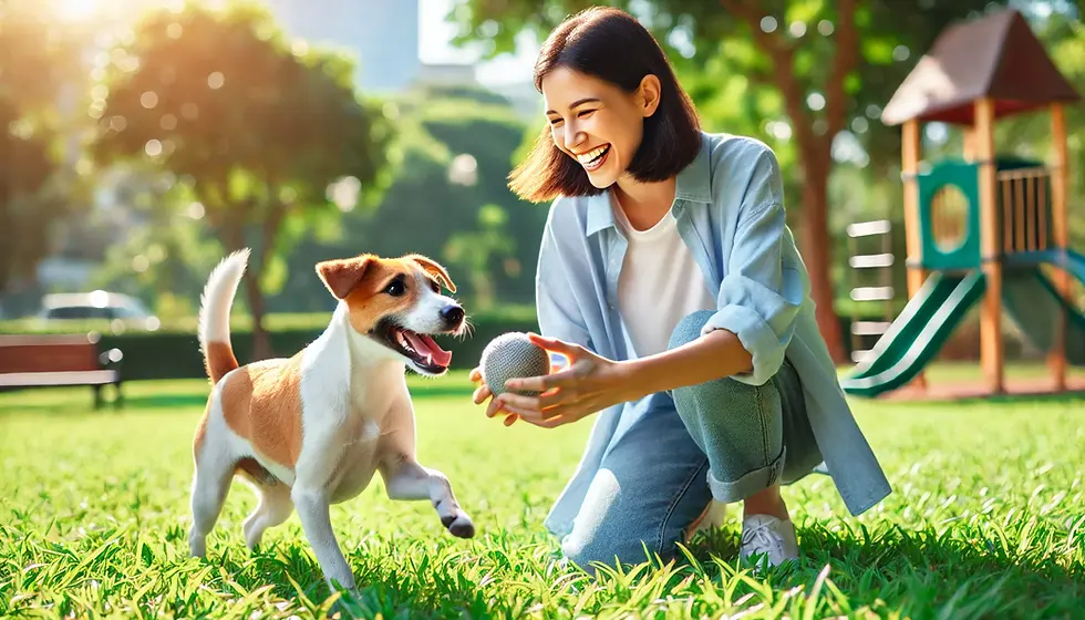 A cheerful new dog owner playing with their well-behaved, happy dog in a sunny, green park