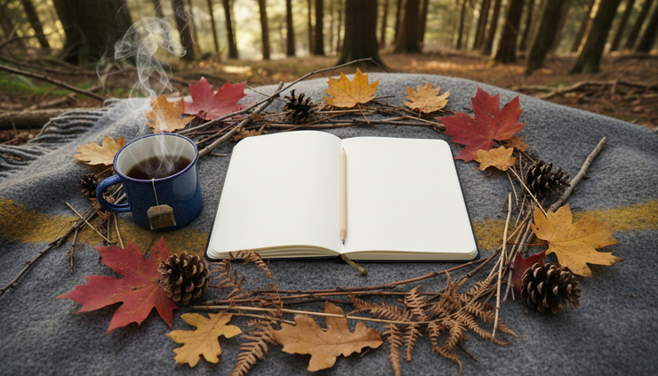 Overhead view of a notebook, pencil and cup beside natural woodland materials on a blanket