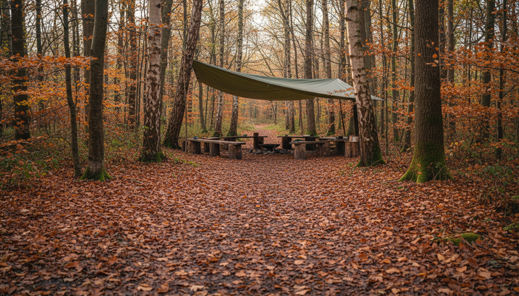Eye-level view of a woodland path covered with fallen leaves leading towards a simple outdoor learning area