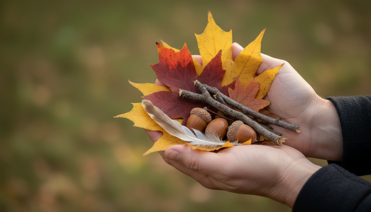 Close-up view of hands holding autumn leaves and small woodland finds during a reflective outdoor activity