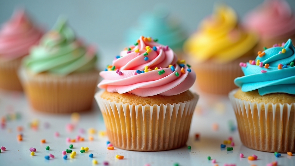 Close-up view of a colorful cupcake decorated with rainbow sprinkles
