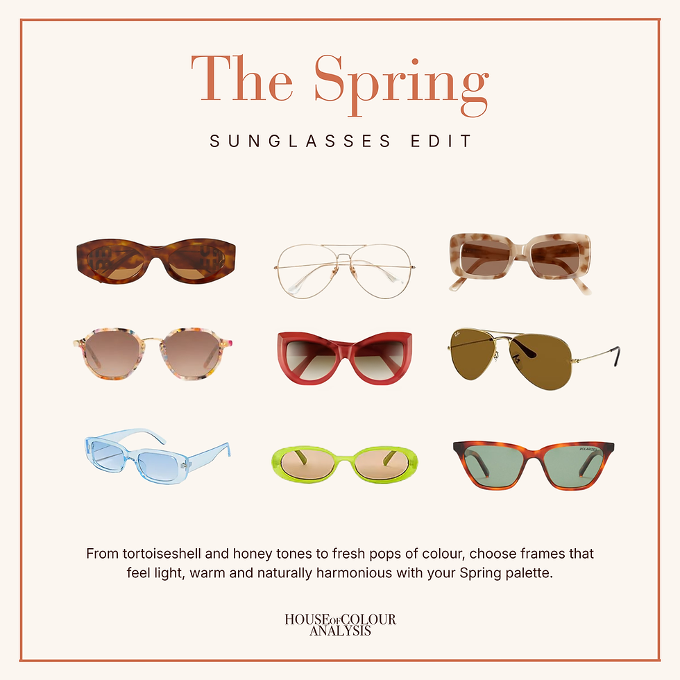 Spring sunglasses edit featuring nine frame styles in tortoiseshell, gold, coral, soft blue, fresh green and warm neutral tones suited to a Spring colour palette.