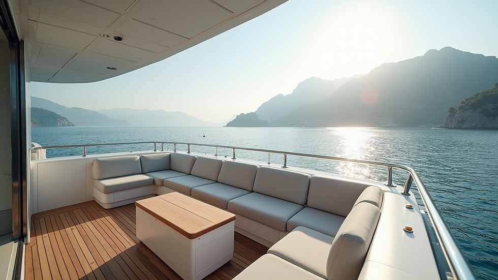Eye-level view of luxury yacht deck with plush seating and ocean background
