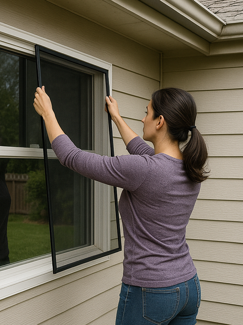 Woman installing a window screen