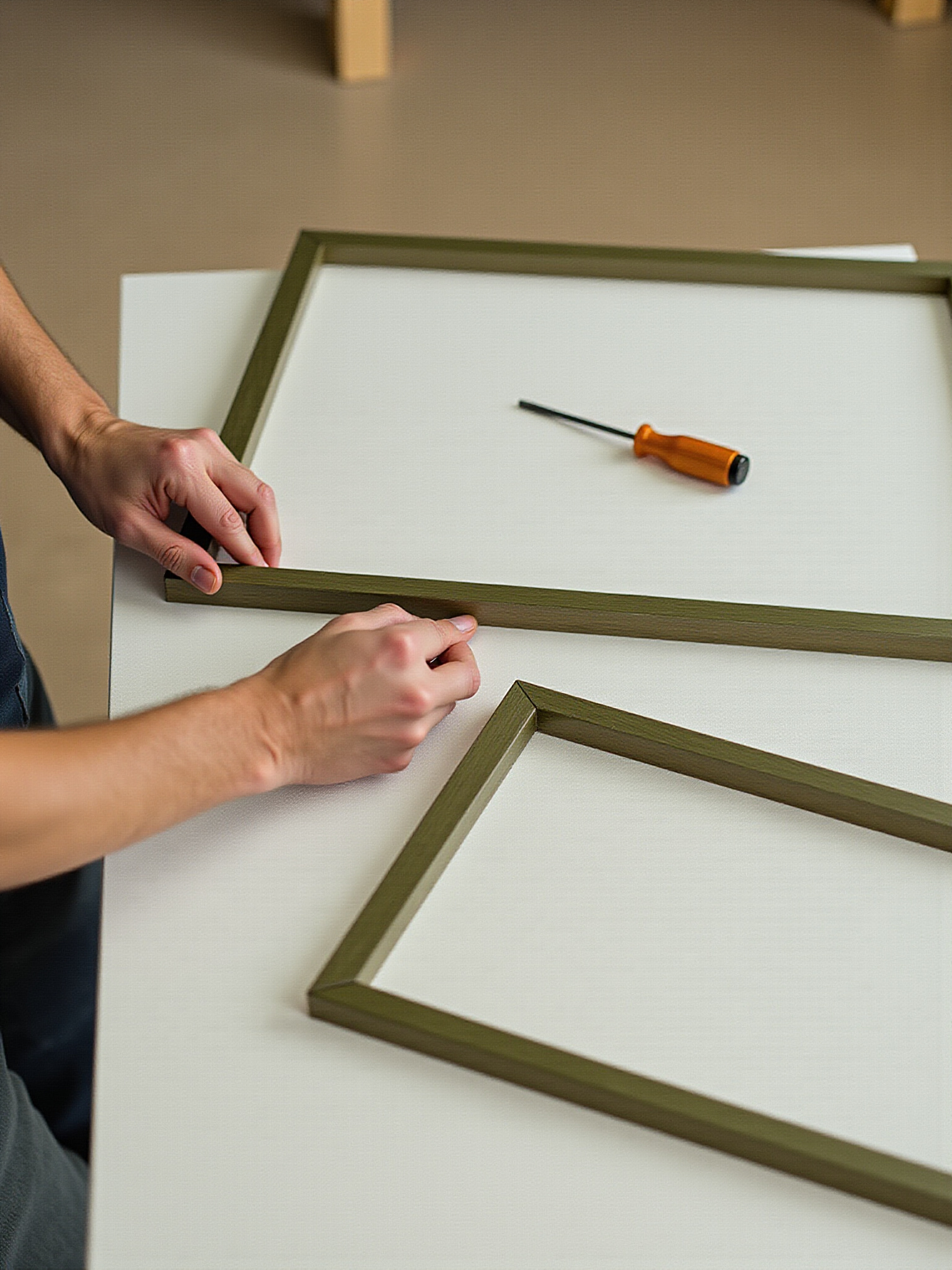 Assembling olive green picture frames
