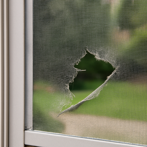Damaged glass window with a tear