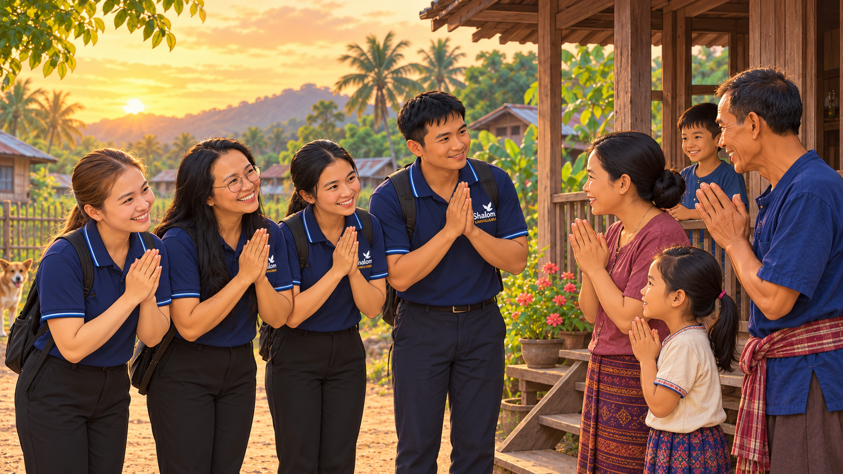 SHALOM team greeting a village family with a respectful wai