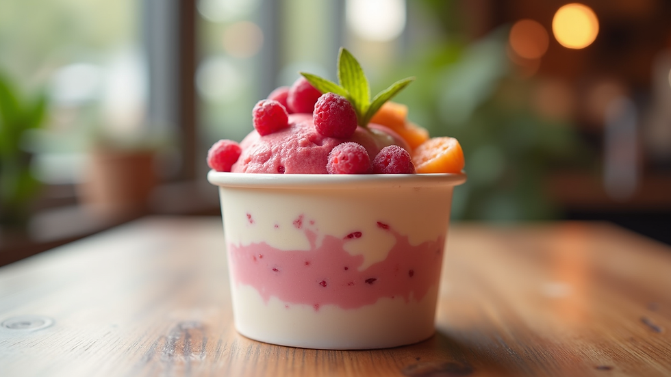 Close-up view of a gelato cup with fresh fruit toppings