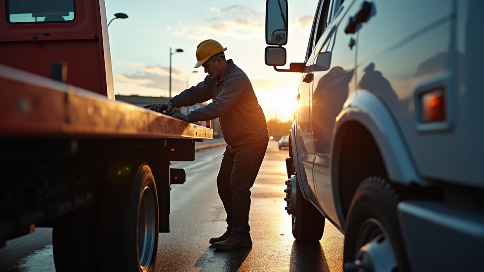 Close-up view of a tow truck driver securing a vehicle on a flatbed truck