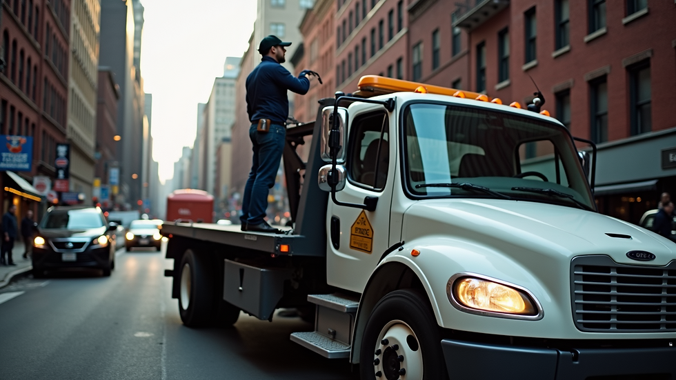 High angle view of a tow truck operator securing a vehicle on a busy Brooklyn street