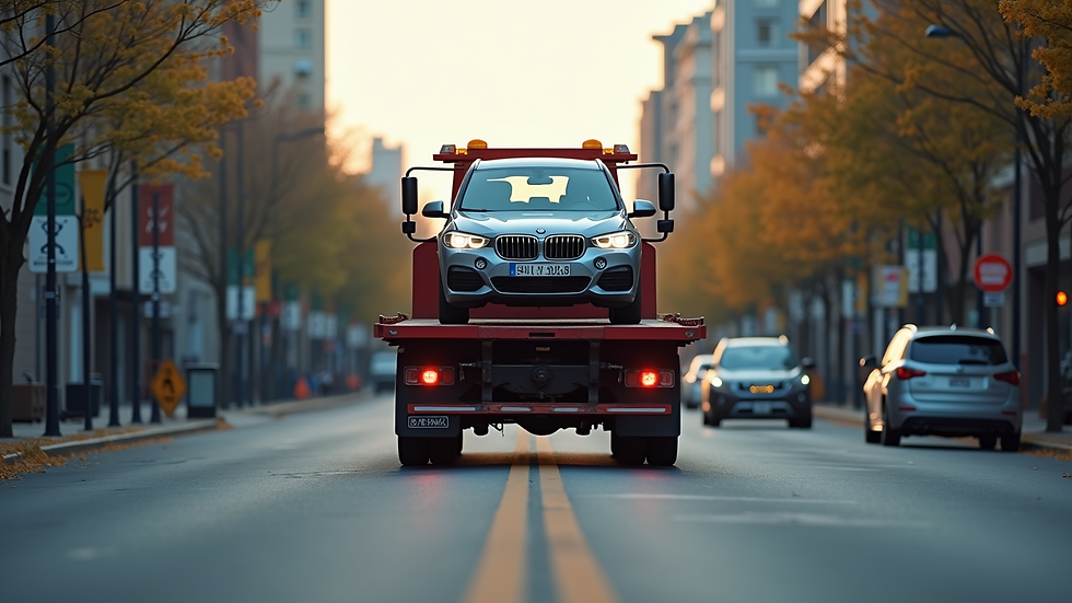 Eye-level view of a flatbed tow truck loading a car in an urban street