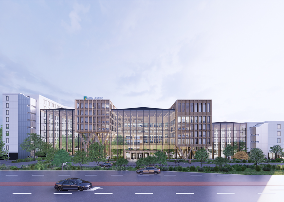 Impressie van het nieuwe hoofdkantoor van ABN AMRO aan de Foppingadreef in Amsterdam-Zuidoost.