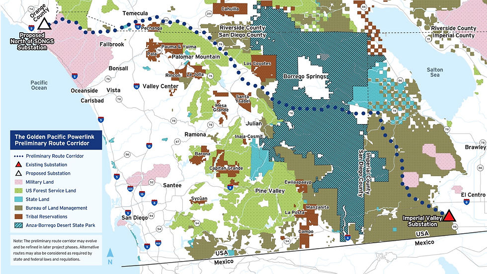 Map showing the preliminary proposed route between SDG&E’s Imperial Valley Substation and a new substation to be built in southern Orange County. The exact route is subject to change and will be evaluated through environmental review and permitting processes.| Click on image to enlarge.