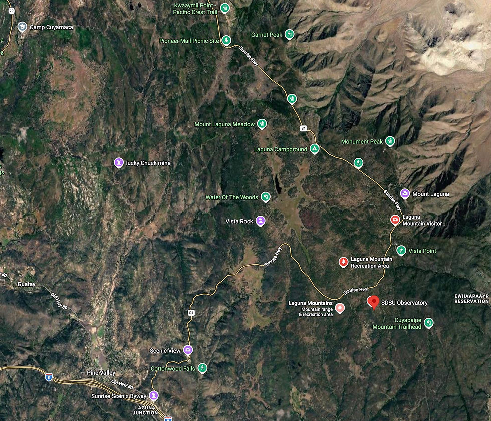 Mount Laguna Observatory (SDSU Observatory) is marked with the red dot on this map | Map by Google | Click on image to enlarge