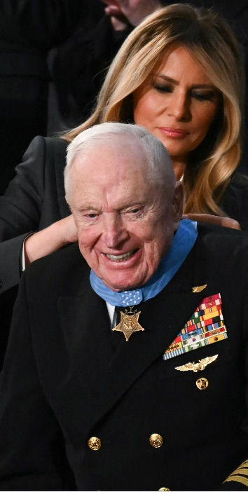 First lady Melania Trump presents Navy fighter pilot Royce Williams, 100, with the Medal of Honor during the State of the Union address at the U,S. Capital on Tuesday. | Photo by Andrew Caballero-Reynolds | APP via Getty images
