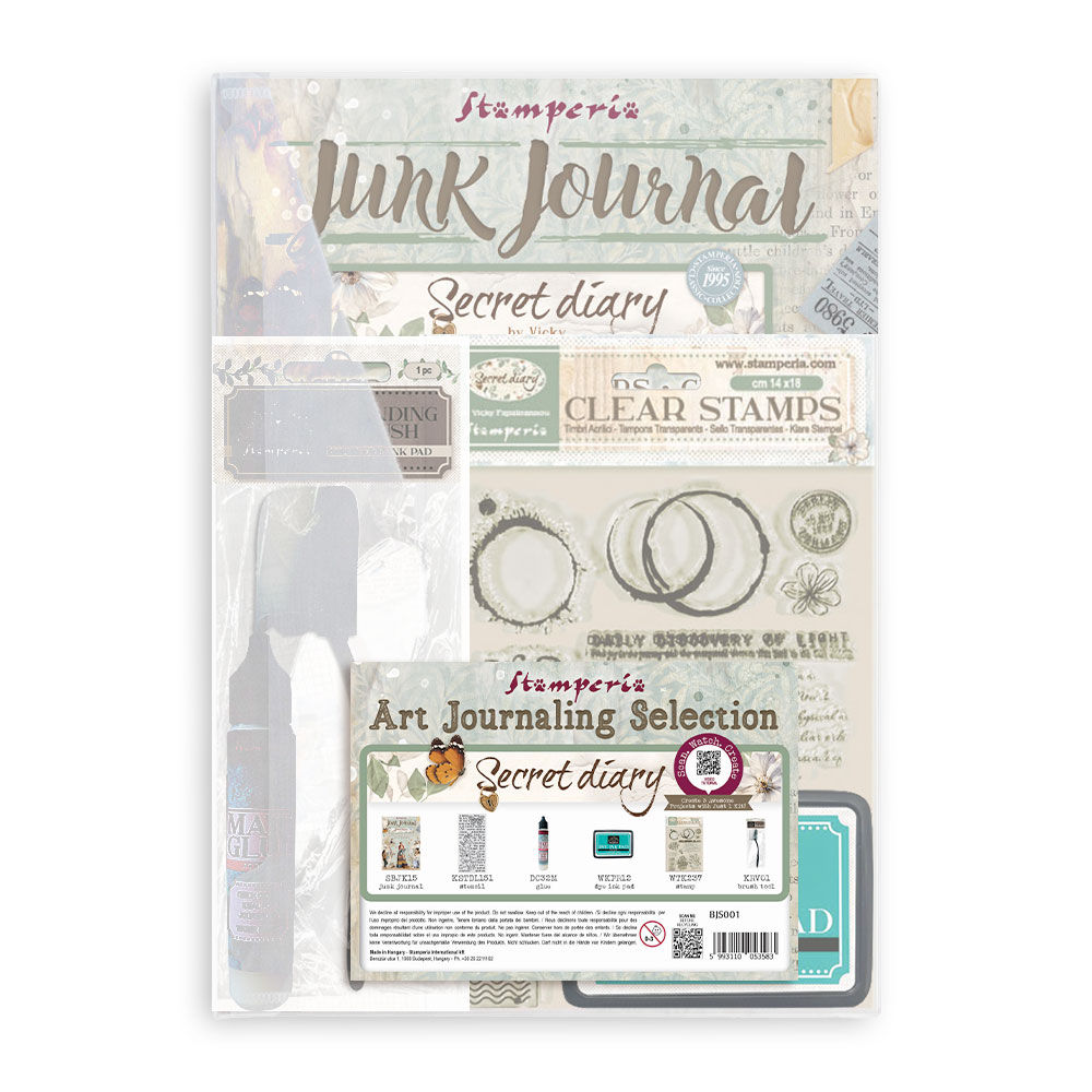 Content : Junk Journal, stamp, stencil, glue and accessories