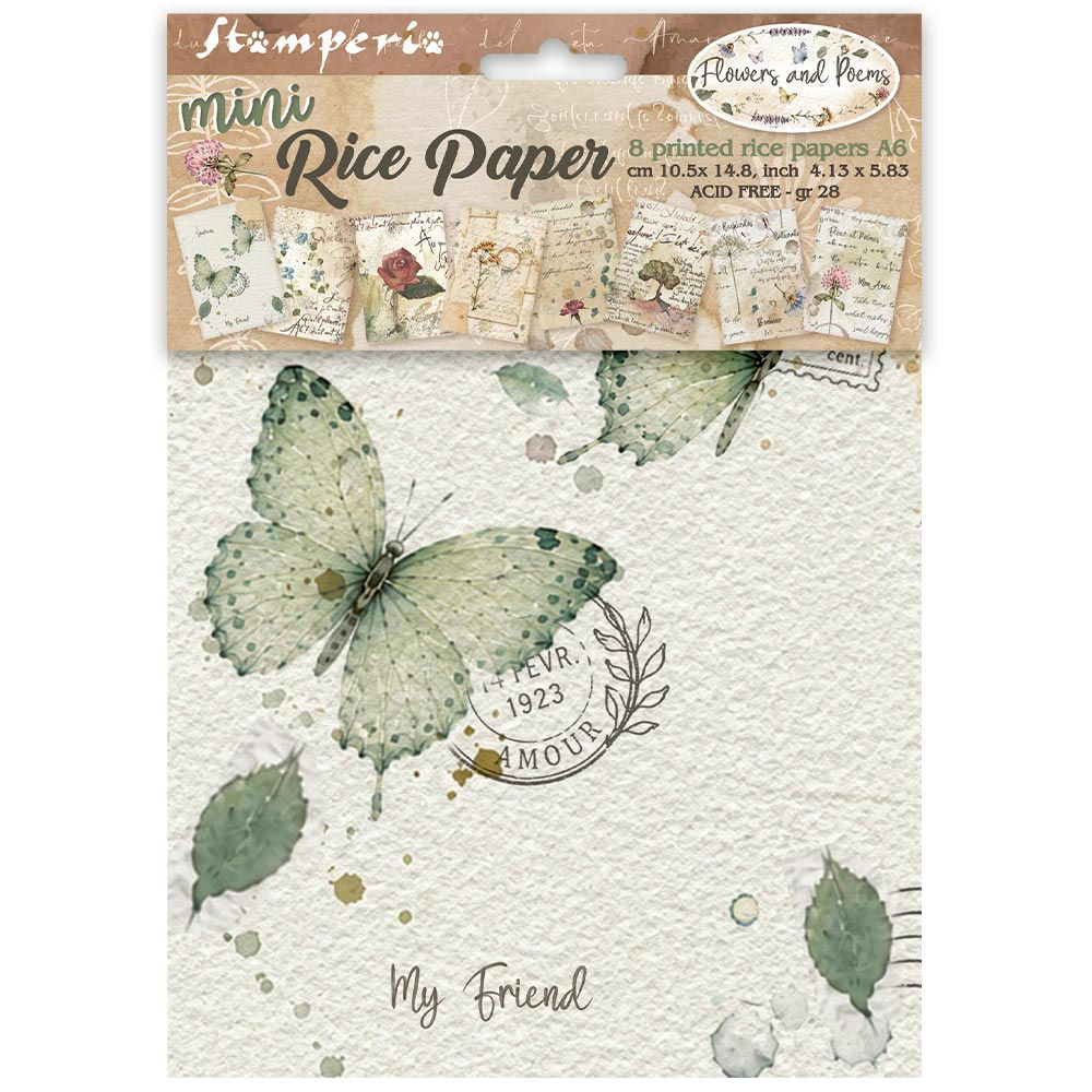 Printed Mini Rice paper A6 8 sheets for Art and Craft - Flowers and Poems