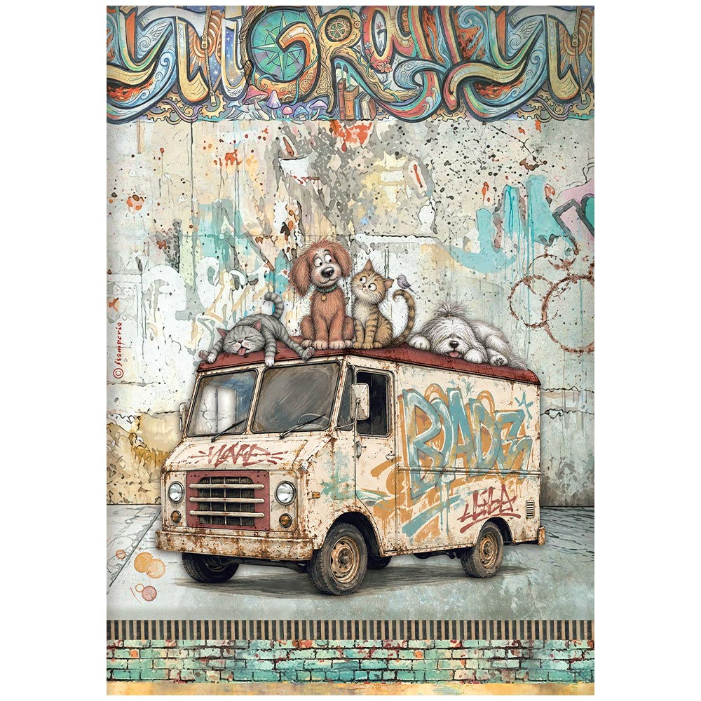 Printed A4 Rice paper for Art and Craft - Furry Friends 2 beater truck