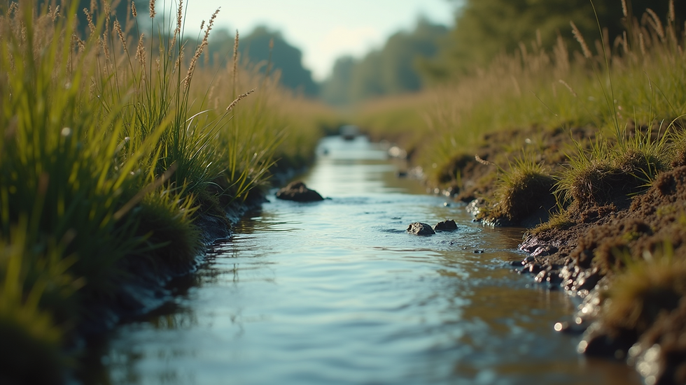 Eye-level view of a clear water source in a rural area