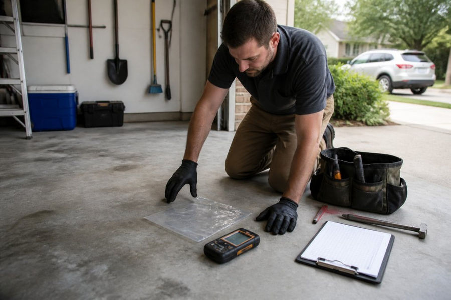 Technician performing concrete moisture testing before determining epoxy floor coating pricing in a garage