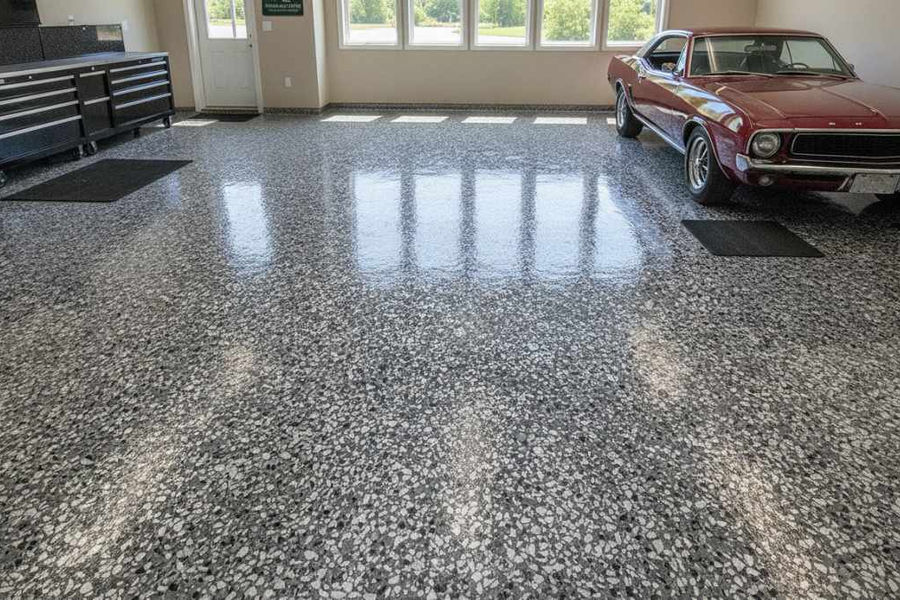 Modern garage interior with finished decorative flake epoxy floor in charcoal and silver speckled pattern, bright overhead LED lighting, clean walls, and silver sedan parked on the coating
