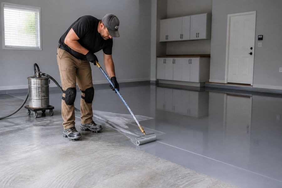 Professional applying polyaspartic coating to prepared concrete floor using specialized equipment and technique, showing proper surface preparation with diamond grinding marks visible