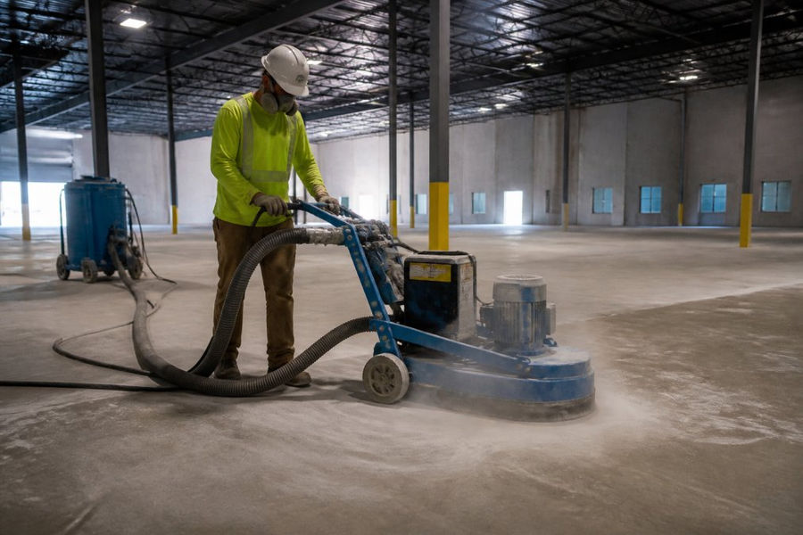 Industrial worker operating shot blasting equipment on bare warehouse concrete floor, creating clouds of dust and debris during aggressive surface preparation in a large facility space